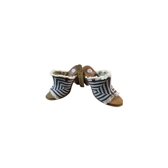 Yellow Box Striped Fringe Heeled Mules Size 7.5 Boho Slip-On‎ Sandals - Picture 7 of 9